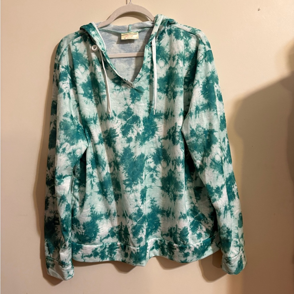 Bobbie Brooks Woman’s Size 2X Pullover Hoodie sweatshirt green white Tie-Dye‎